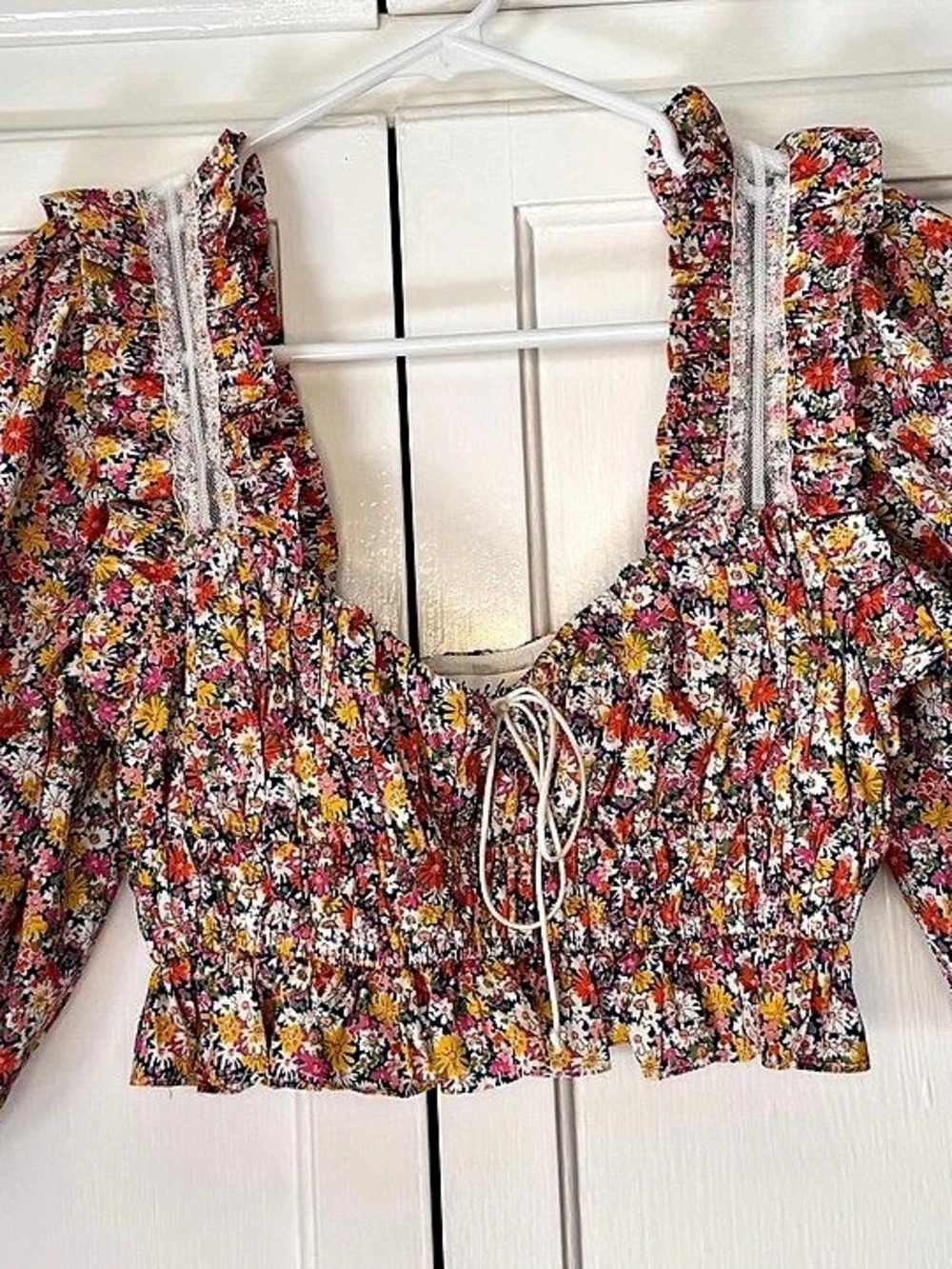 For Love & Lemons Libby Floral Smocked Cropped Blouse